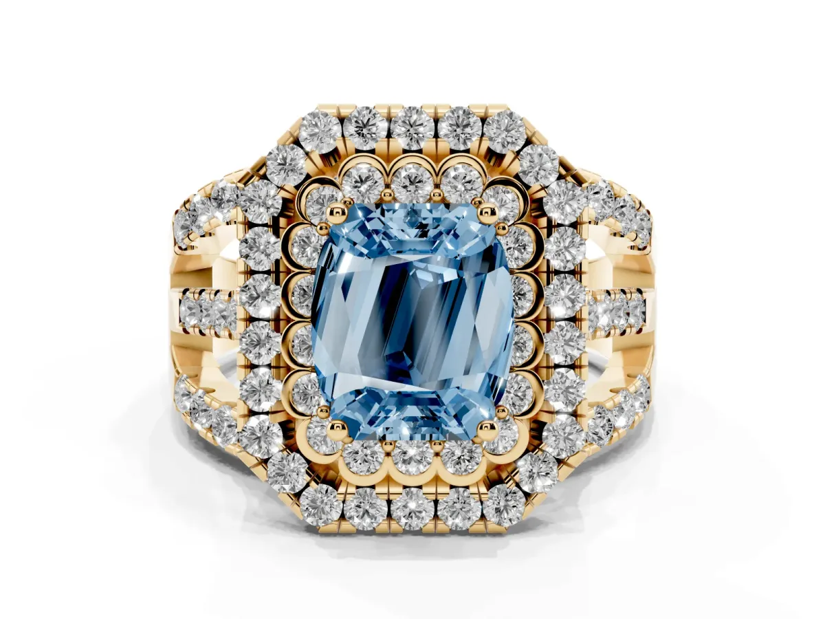 Fancy Blue Emerald Cut Diamond Double Halo Ring with Round Pavé Split Shank and Prong Setting Yellow gold