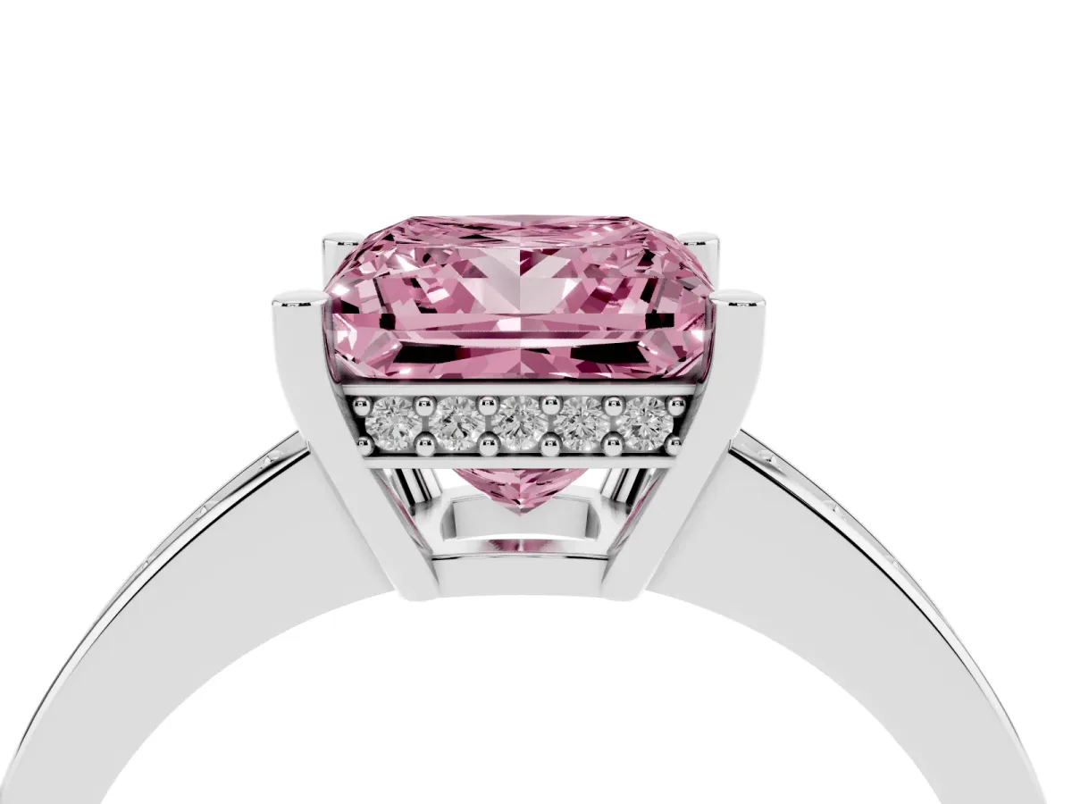 Fancy Pink Princess Cut Solitaire Pavé Band Prong Setting Ring Silver