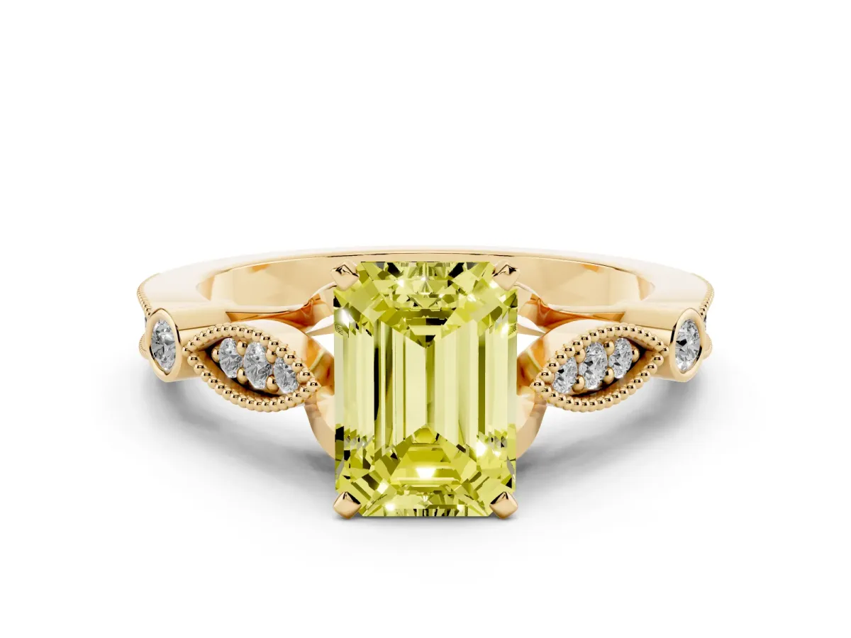 Fancy Yellow Emerald Cut Cut Diamond with Milgrain Marquise and Bezel Accents on a Solitaire Band with Prong Setting Yellow gold