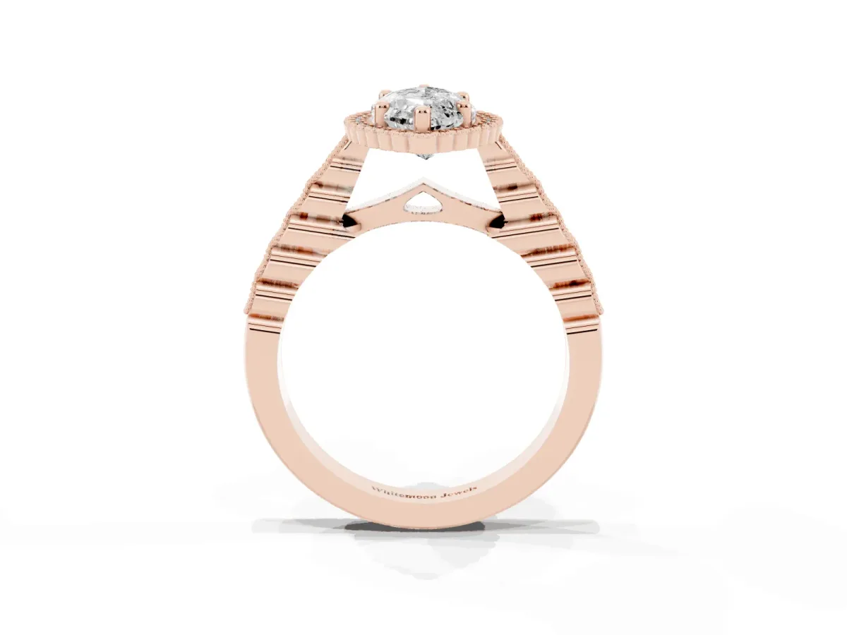 Marquise Cut Cut Halo Pavé Solitaire Ring with Milgrain Band Rose gold