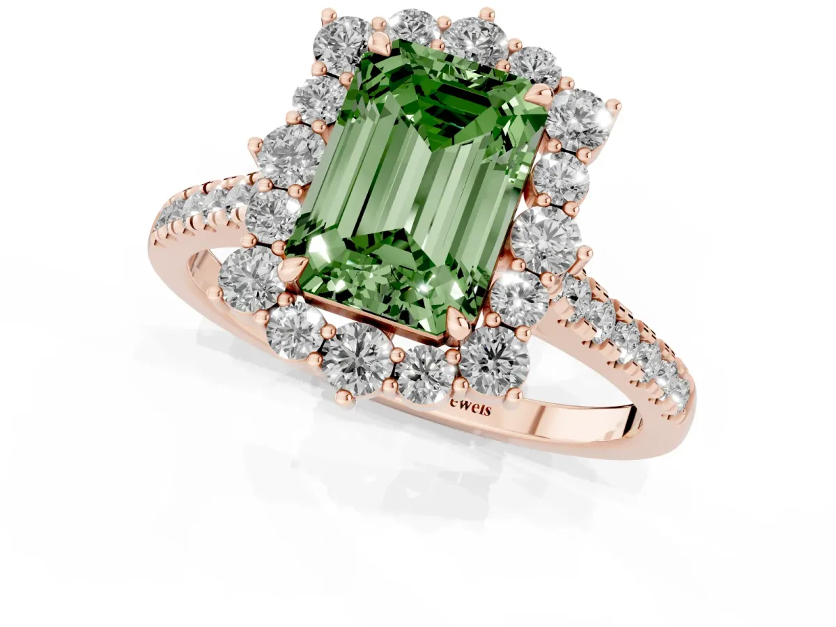 Fancy Green Emerald Cut Halo Diamond Ring with Pavé Band and Prong Setting Rose gold