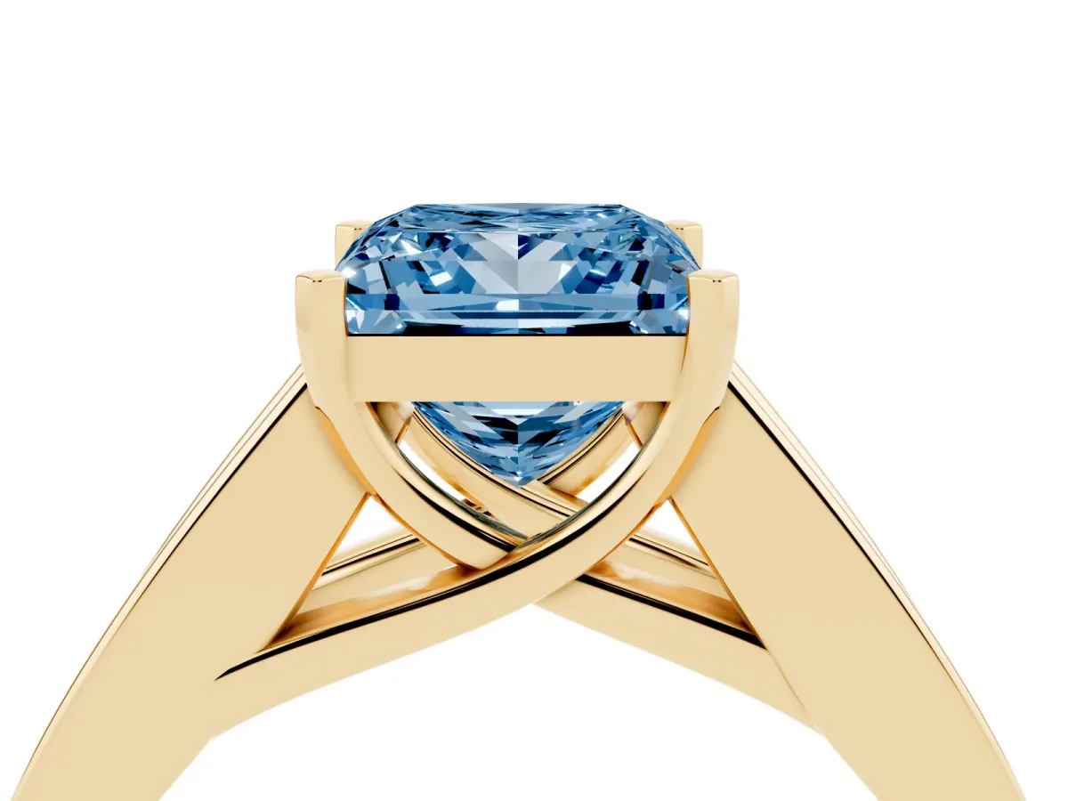 Fancy Blue Princess Cut Cut Channel Set Solitaire Ring with Four-Prong Setting Yellow gold