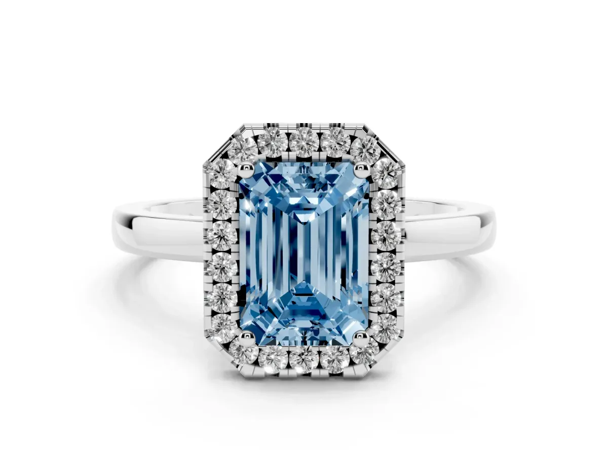 Fancy Blue Emerald Cut Halo Diamond Solitaire with Pavé Band and Four-Prong Setting White gold
