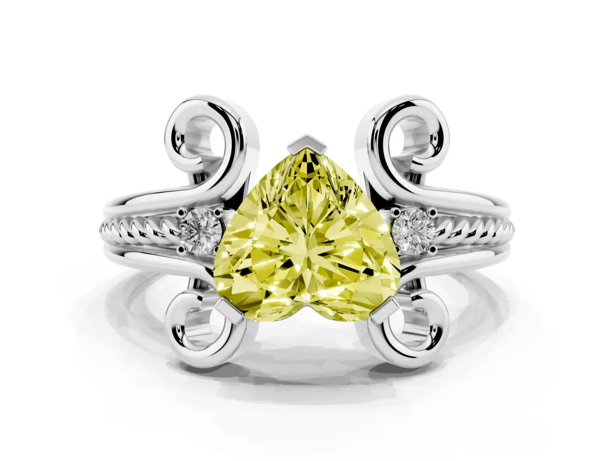 Fancy Yellow Heart Cut Solitaire Twisted Band Scroll Prong Ring Platinum
