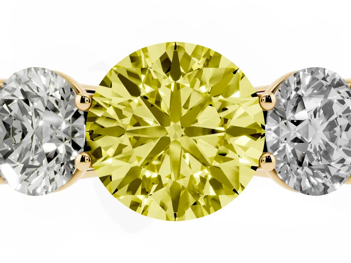 Fancy Yellow Round Cut Three-Stone Diamond Ring with Prong Setting on a Classic Band Yellow gold