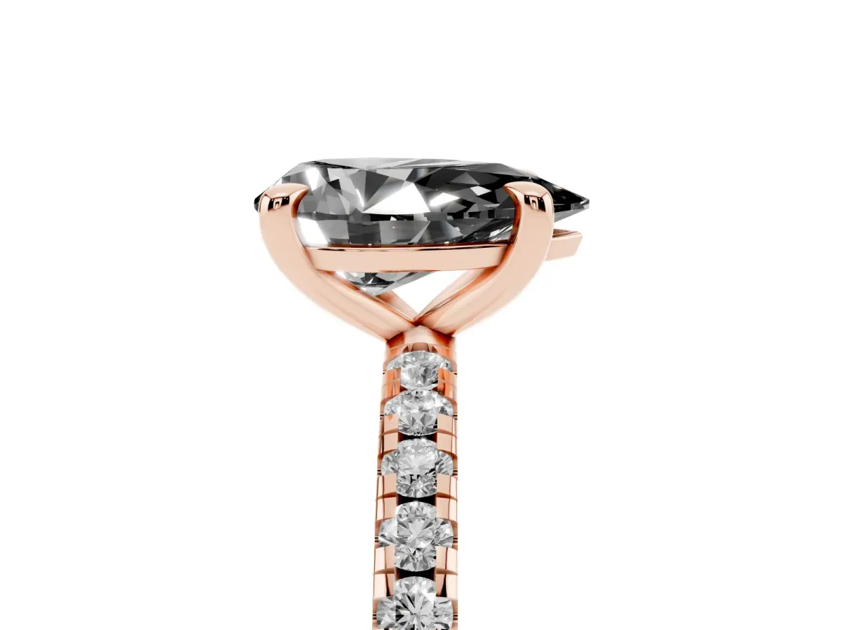 Fancy Black Pear Cut Diamond Brilliant Solitaire Ring with Pavé Band and Four-Prong Setting Rose gold