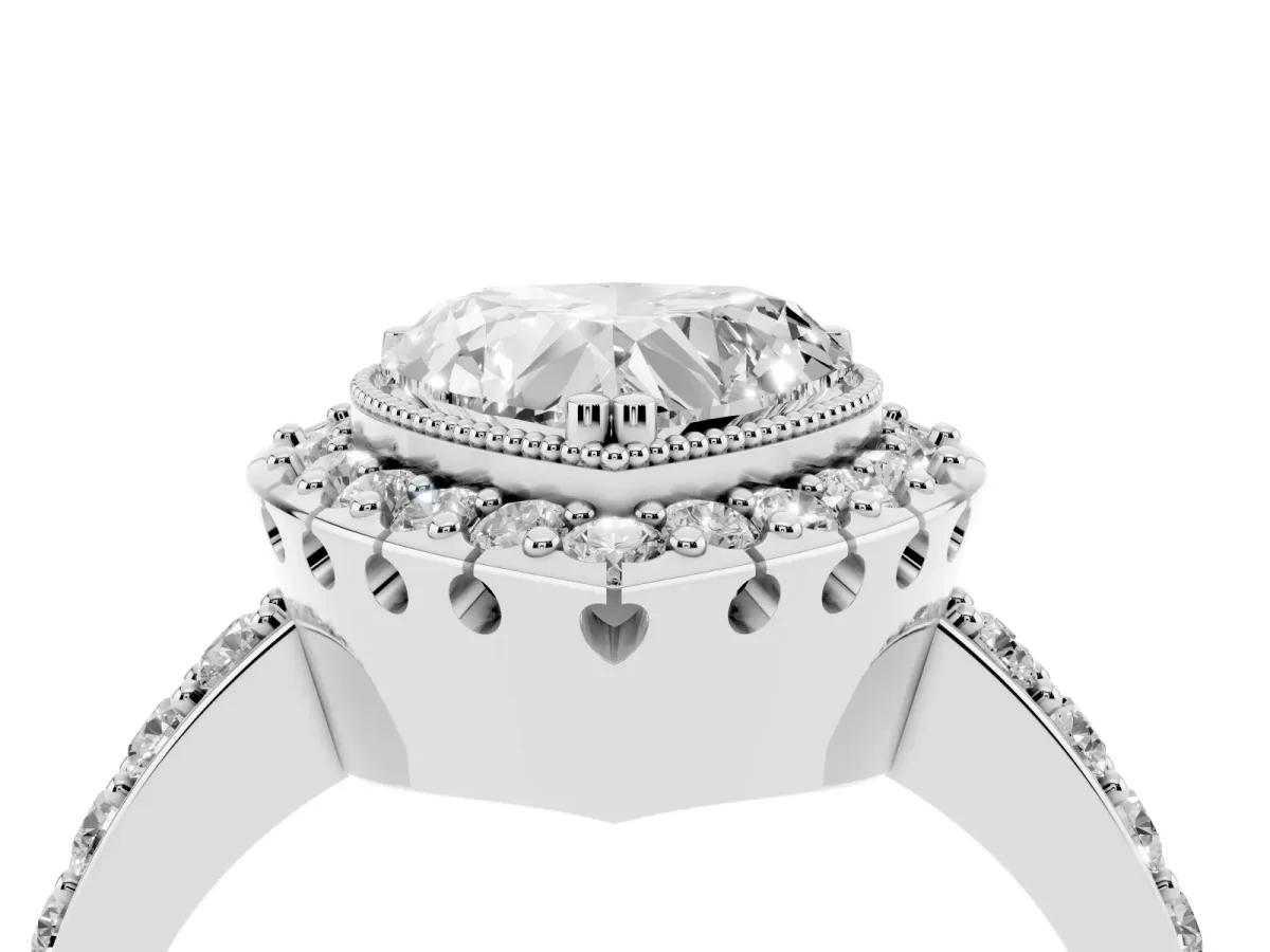 Heart Cut Diamond Halo Ring with Pavé Band and Prong Setting Silver