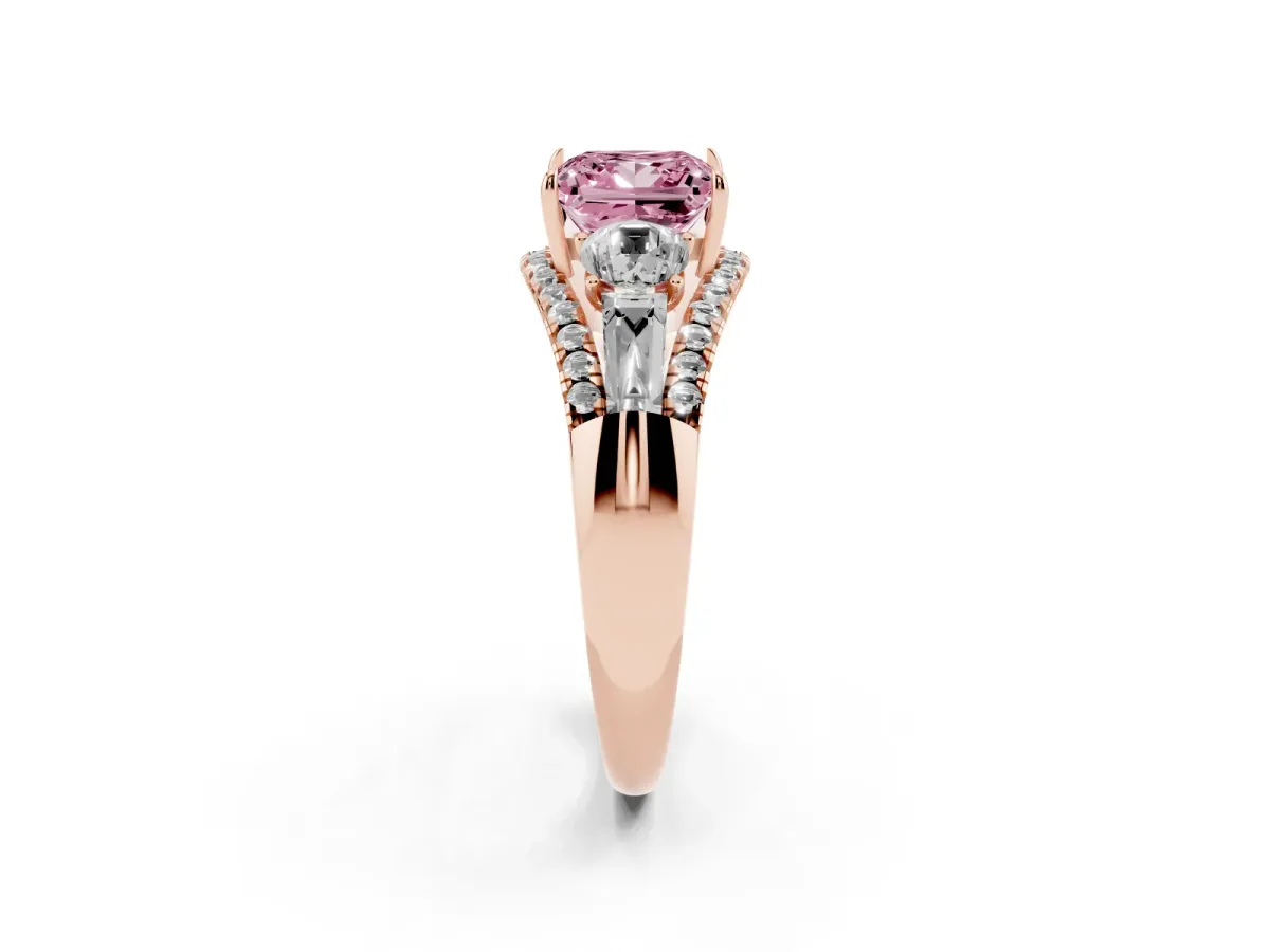 Fancy Pink Three-Stone Princess Cut Diamond Engagement Ring with Pave Band and Prong Setting Rose gold
