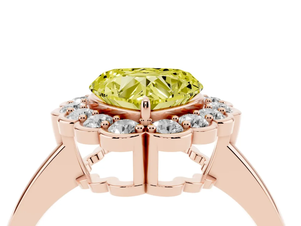 Fancy Yellow Heart Cut Halo Cluster Diamond Engagement Ring with Solitaire Band and Prong Setting Rose gold