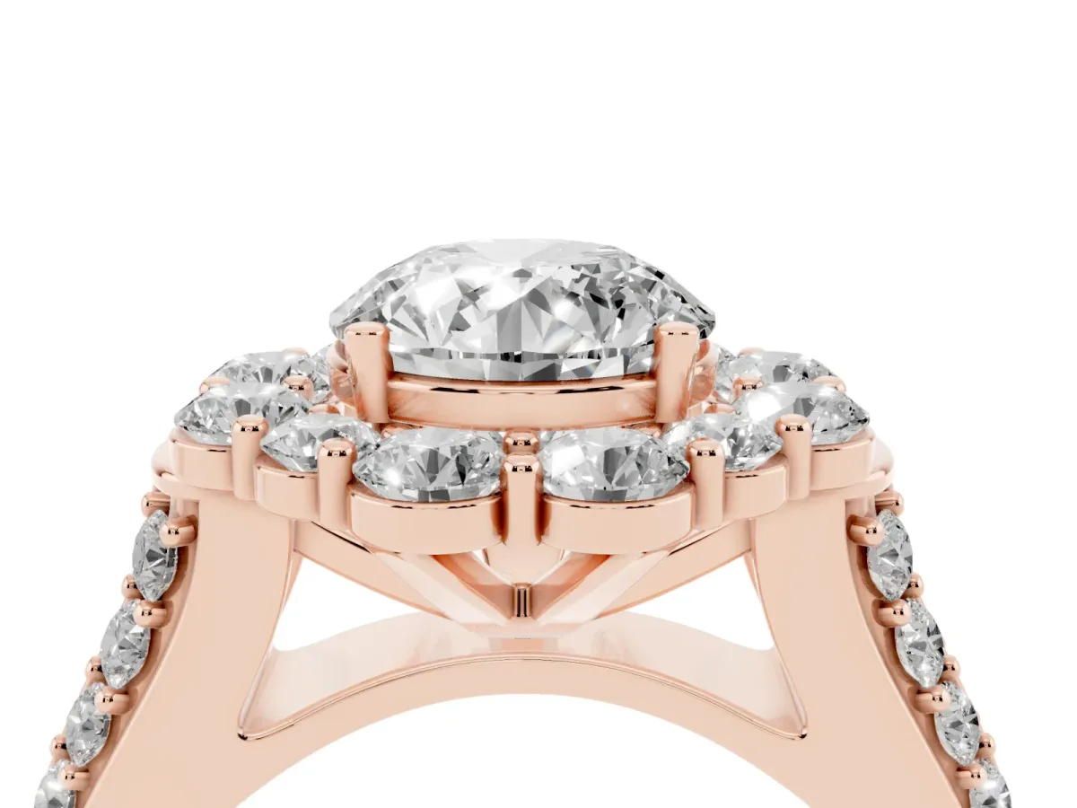 Round Cut Halo Diamond Engagement Ring with Split Shank and Prong Setting Rose gold
