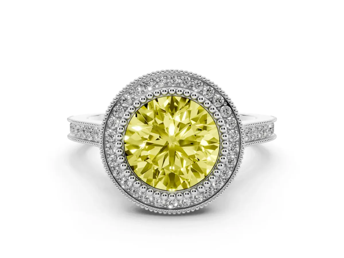 Fancy Yellow Round Cut Diamond Halo Ring with Milgrain Frame and Pavé Band Silver