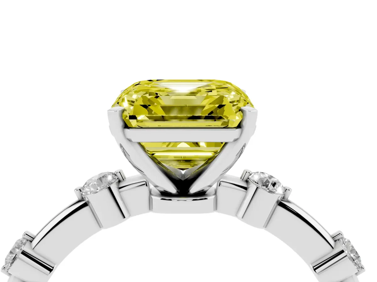 Fancy Yellow Asscher Cut Solitaire Diamond Ring with Bezel Set Side Stones and Prong Setting Silver
