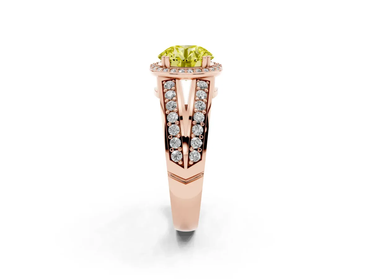 Fancy Yellow Round Cut Diamond Halo Ring with Split Shank Pavé Band and Four-Prong Setting Rose gold