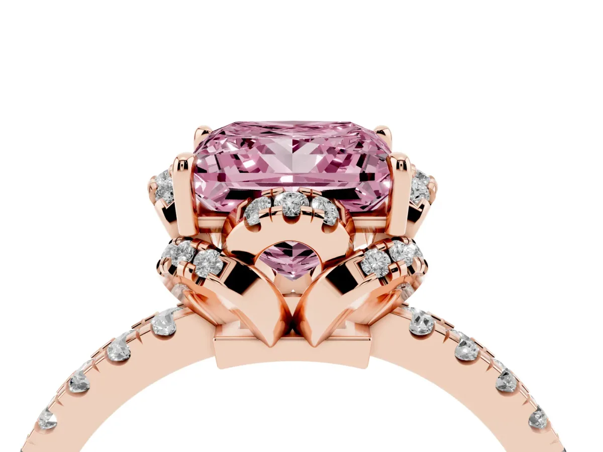 Fancy Pink Princess Cut Halo Diamond Pave Band Ring with Four-Prong Setting Rose gold