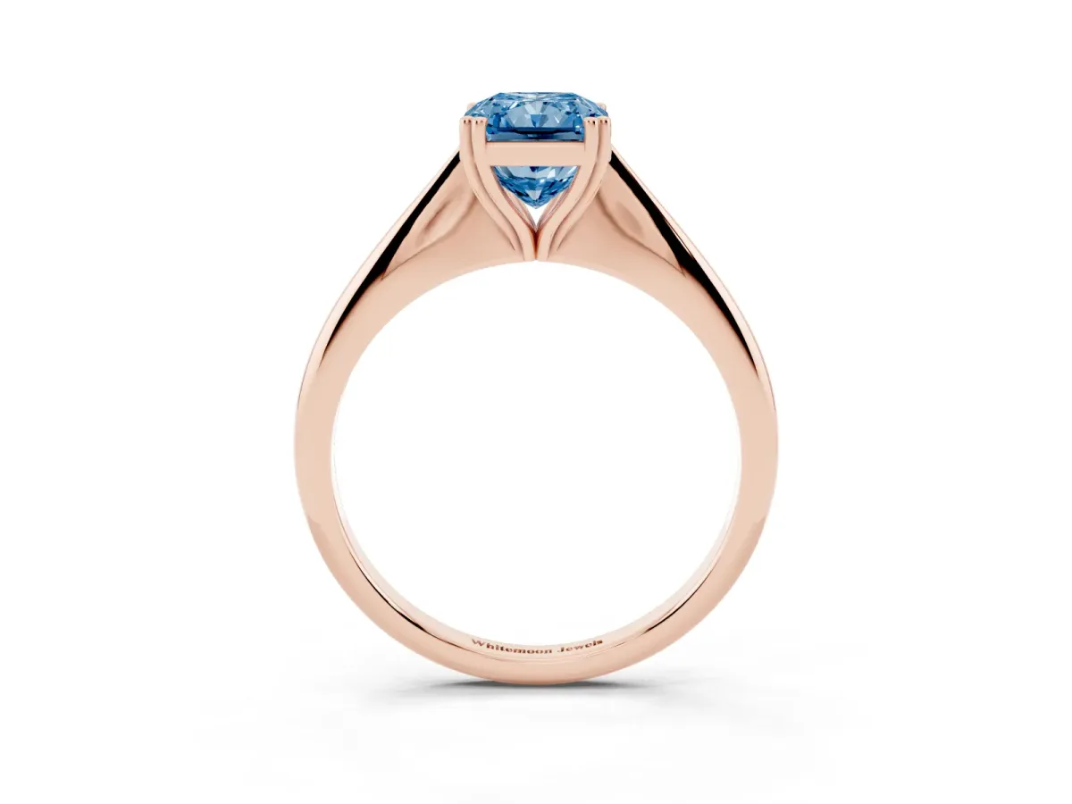 Fancy Blue Radiant Cut Solitaire Diamond Ring with Six-Prong Setting and Classic Band Rose gold