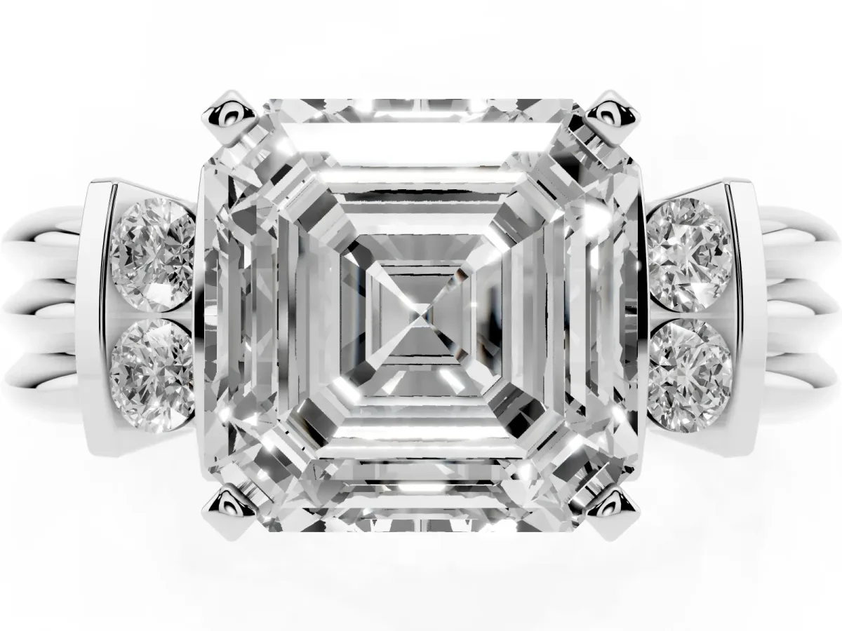 Asscher Cut Cut Three-Stone Channel Set Ring with Bar Prongs Silver