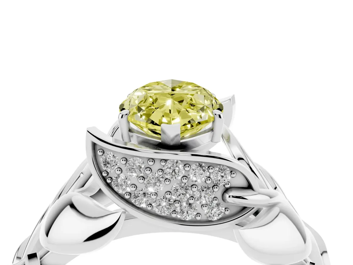 Fancy Yellow Marquise Cut Diamond Leaf-Inspired Engagement Ring with Round Accents and Prong Setting Platinum