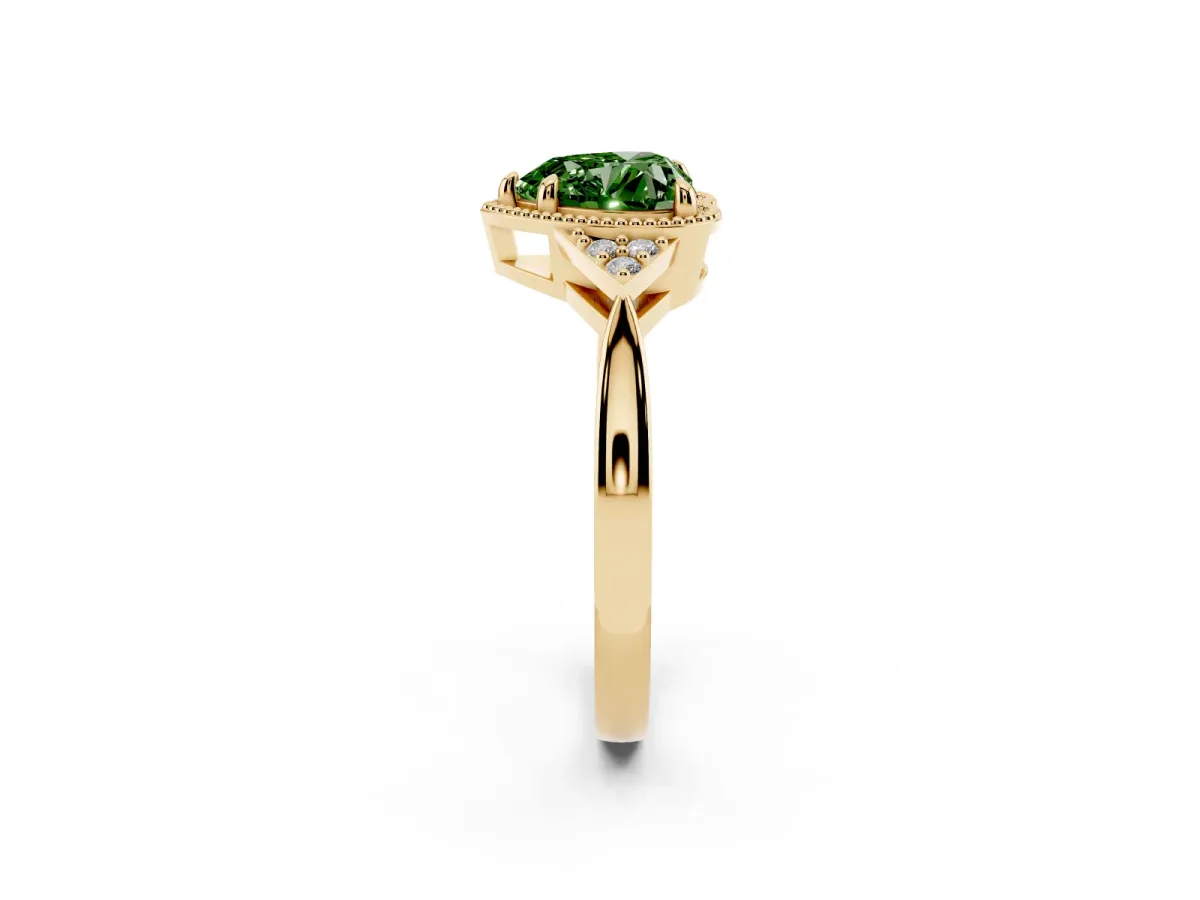 Fancy Green Milgrain Heart Cut Cut Diamond Ring with Tapered Pave Band and Four Prong Setting Yellow gold