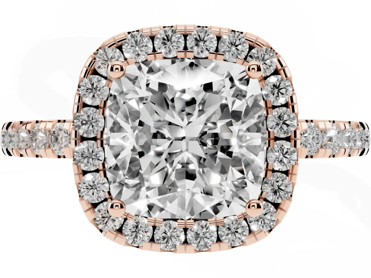 Cushion Cut Halo Diamond Engagement Ring with Pavé Band and Four-Prong Setting Rose gold