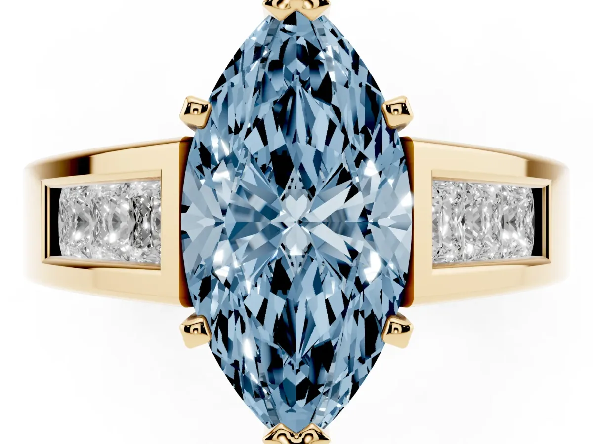 Fancy Blue Marquise Cut Cut Channel Set Solitaire Ring with Four-Prong Setting Yellow gold