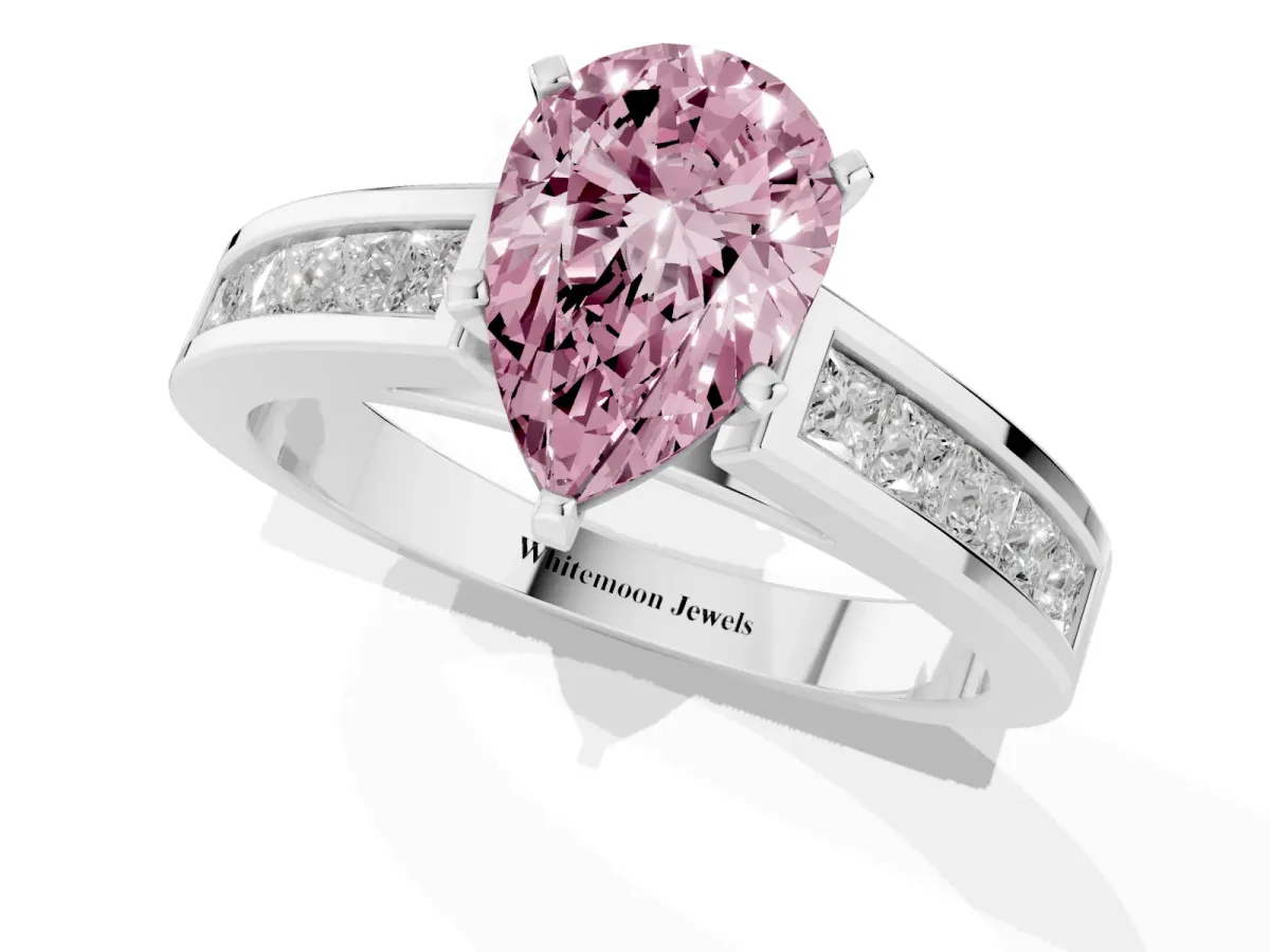 Fancy Pink Pear Cut Solitaire Diamond Ring with Channel-Set Band and Four-Prong Setting Silver