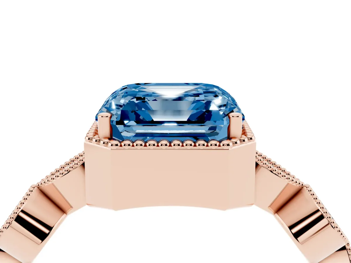 Fancy Blue Asscher Cut Diamond Vintage Milgrain Ring with Round Stations Rose gold
