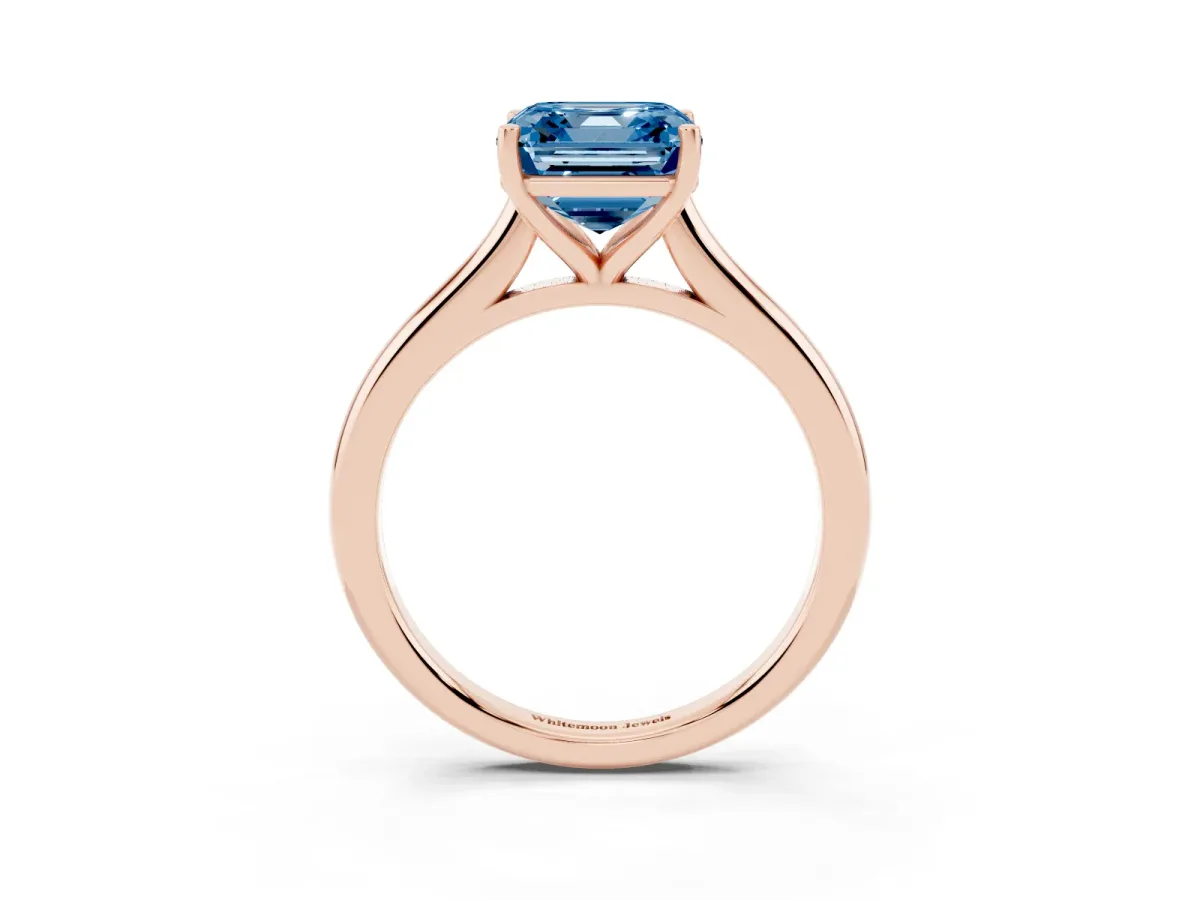 Fancy Blue Asscher Cut Cut Solitaire Ring with Cathedral Band and Four-Prong Setting Rose gold
