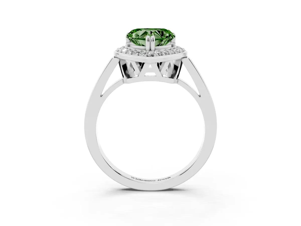 Fancy Green Heart Cut Diamond Halo Ring with Split Shank and Four-Prong Setting Silver
