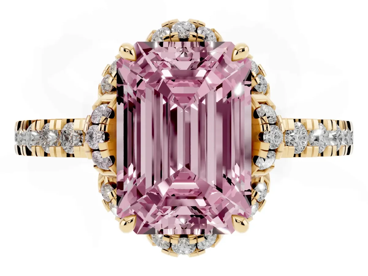 Fancy Pink Emerald Cut Halo Diamond Pave Band Ring with Four-Prong Setting Yellow gold