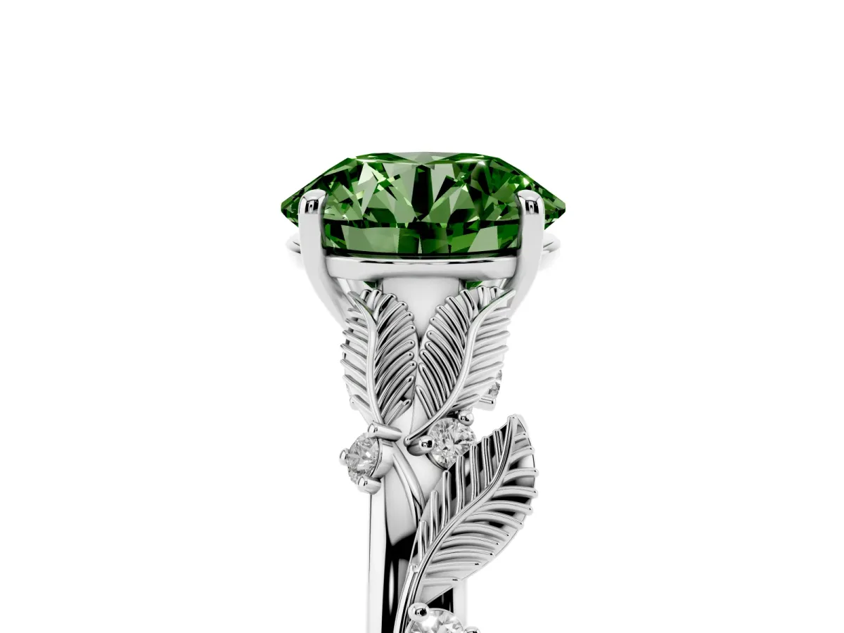 Fancy Green Round Cut Diamond Solitaire Ring with Leaf Motif Band and Four-Prong Setting Platinum