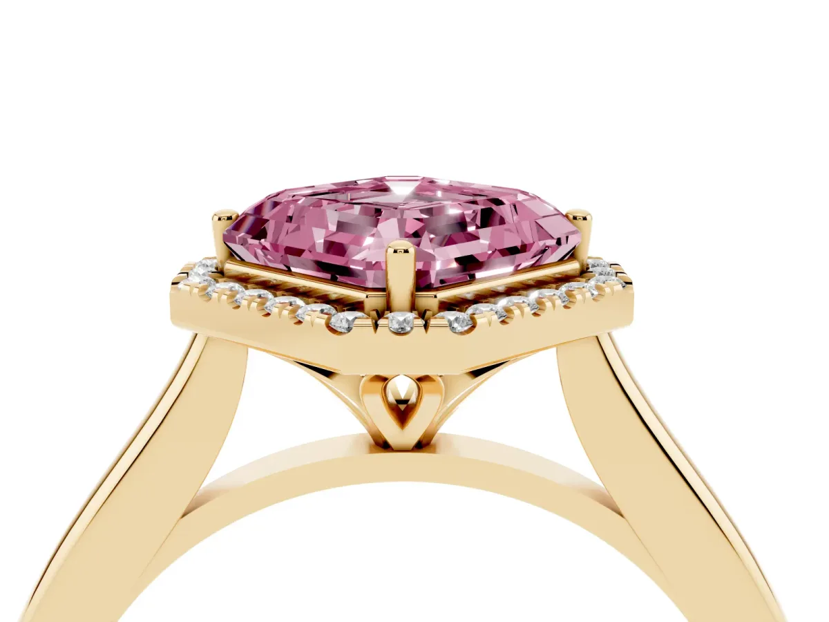 Fancy Pink Asscher Cut Halo Round Diamond Solitaire Engagement Ring with Pave Band and Four-Prong Setting Yellow gold