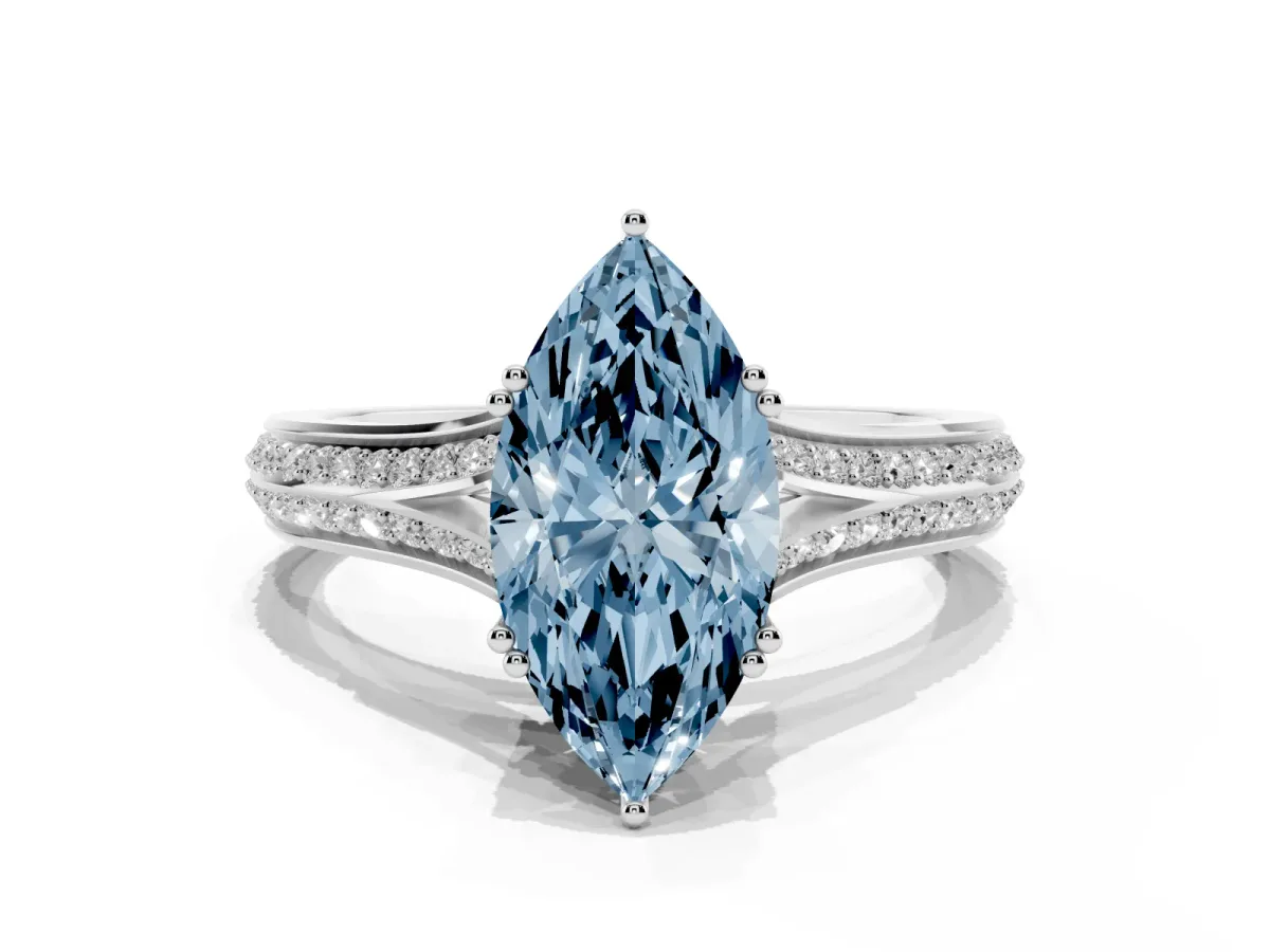Fancy Blue Marquise Cut Diamond Split Shank Engagement Ring with Pavé Band Silver