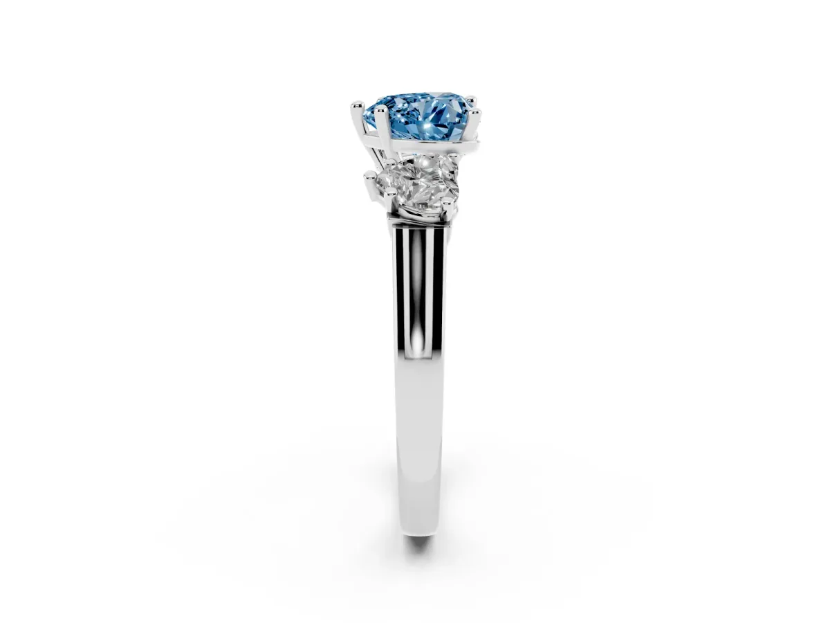 Fancy Blue Three-Stone Heart Cut Brilliant Diamond Trellis Ring with Comfort Fit Band Platinum