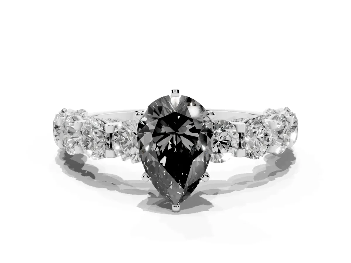 Fancy Black Pear Cut Diamond Side Stone Engagement Ring with Four-Prong Setting Silver
