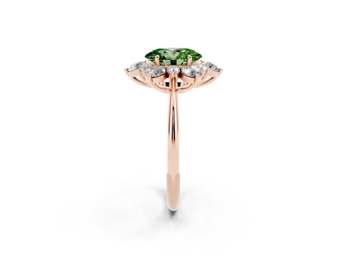 Fancy Green Oval Cut Diamond Cluster Halo Ring with Solitaire Band and Four-Prong Setting Rose gold