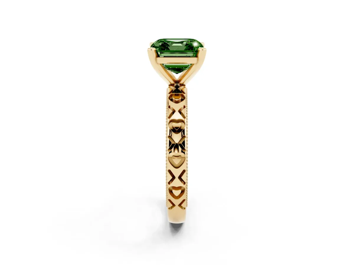 Fancy Green Asscher Cut Solitaire Diamond Engagement Ring with XO Engraved Band and Four-Prong Setting Yellow gold