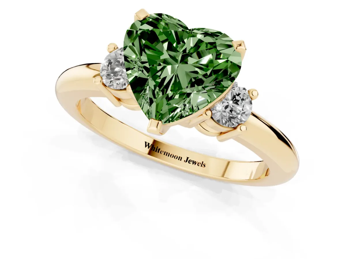 Fancy Green Three-Stone Heart Cut Cut Diamond Solitaire with Prong Setting and Classic Band Yellow gold