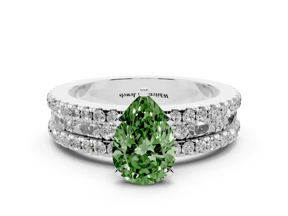 Fancy Green Pear Cut Diamond Solitaire Ring with Pavé and Channel Set Band Silver