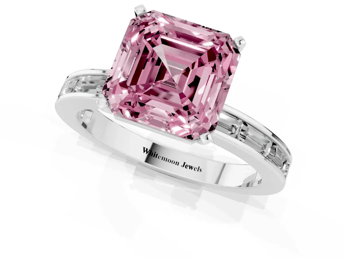 Fancy Pink Asscher Cut Solitaire Diamond Ring with Channel-Set Baguette Band and Four-Prong Setting White gold