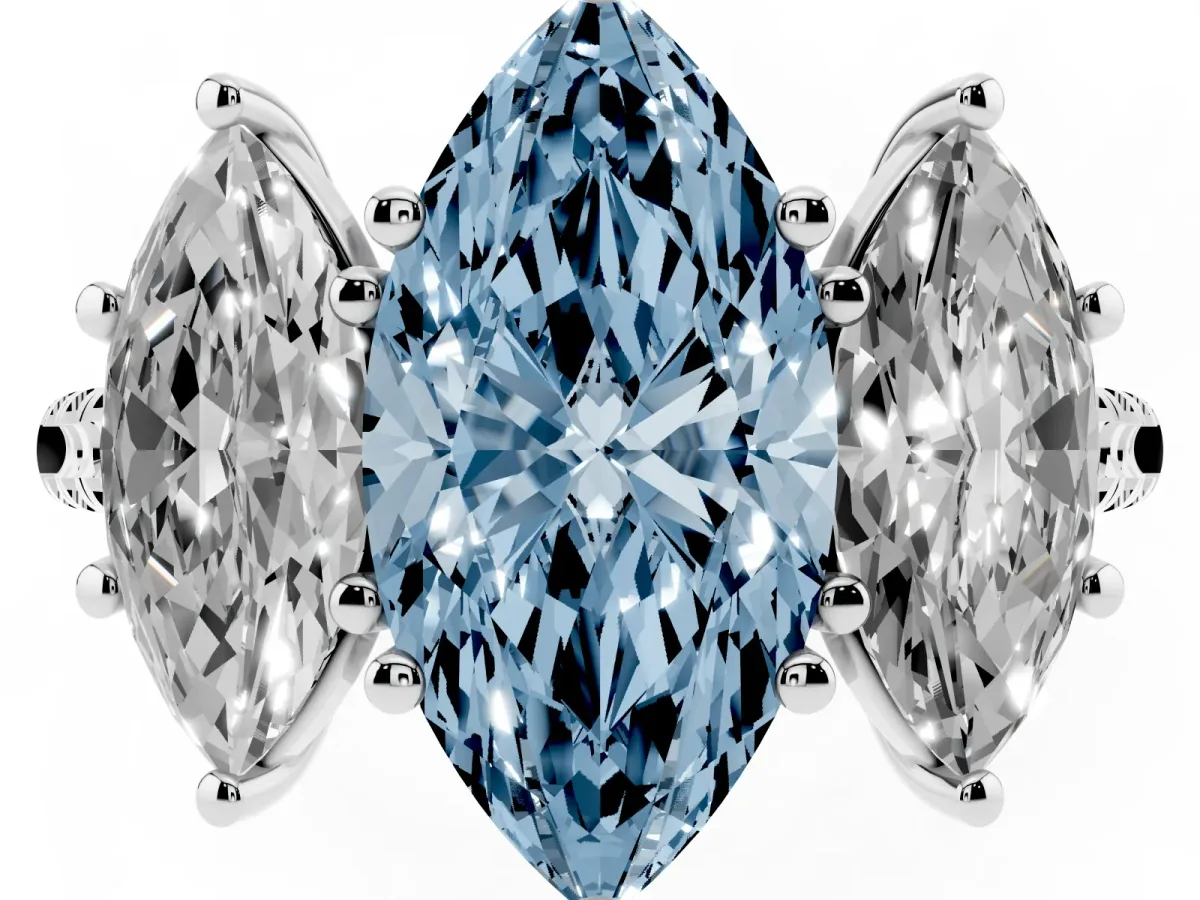 Fancy Blue Three-Stone Marquise Cut Diamond Ring with Round Pavé Band and Prong Setting Silver
