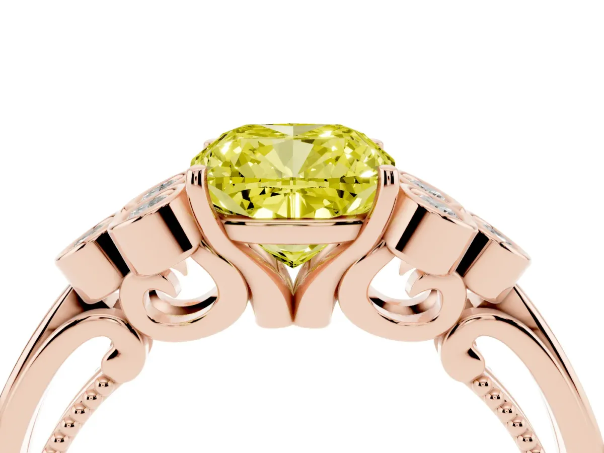 Fancy Yellow Cushion Cut Cut Diamond Engagement Ring with Bezel Set Round Side Stones and Prong Setting Rose gold