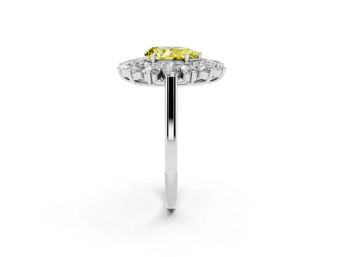 Fancy Yellow Pear Cut Diamond Floral Double Halo Engagement Ring with Prong Setting Silver