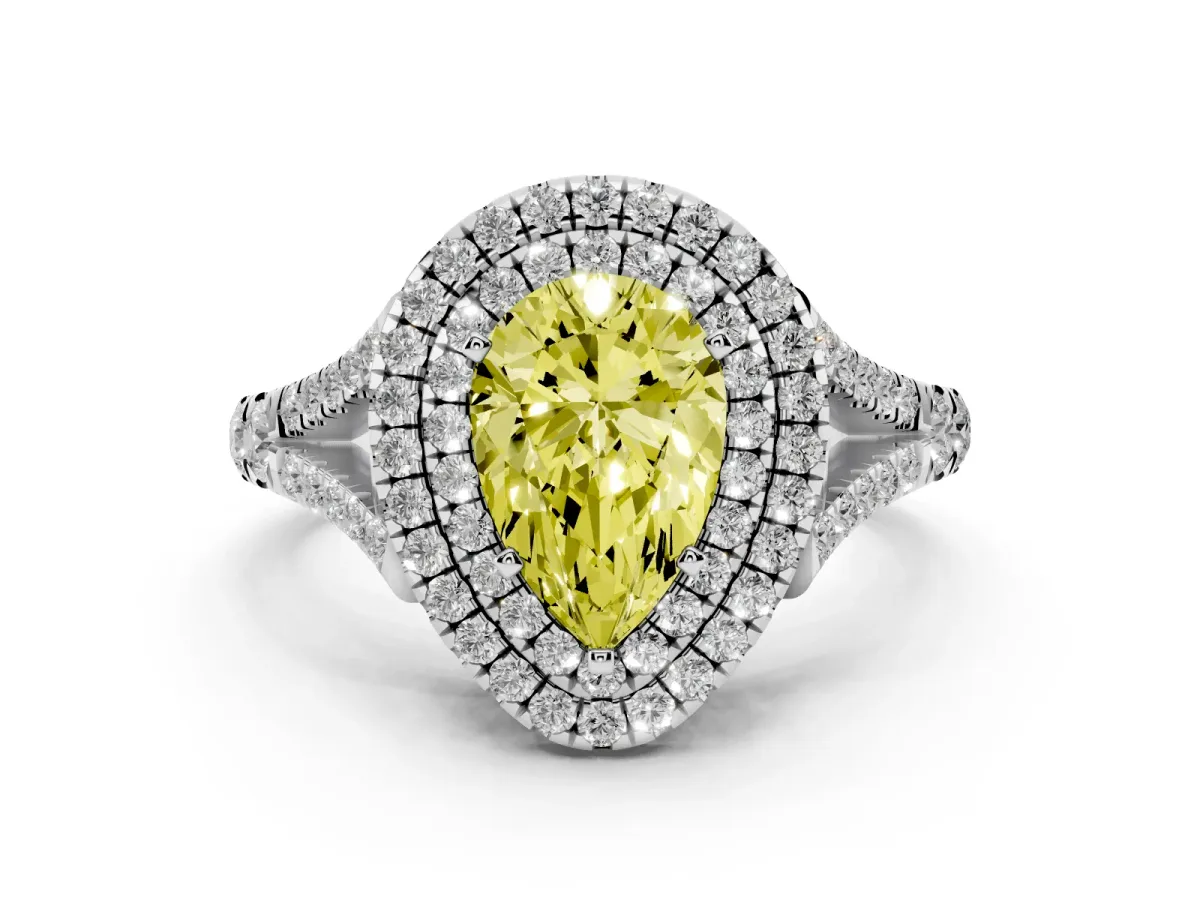 Fancy Yellow Pear Cut Diamond Double Halo Ring with Split Shank and Prong Setting Platinum