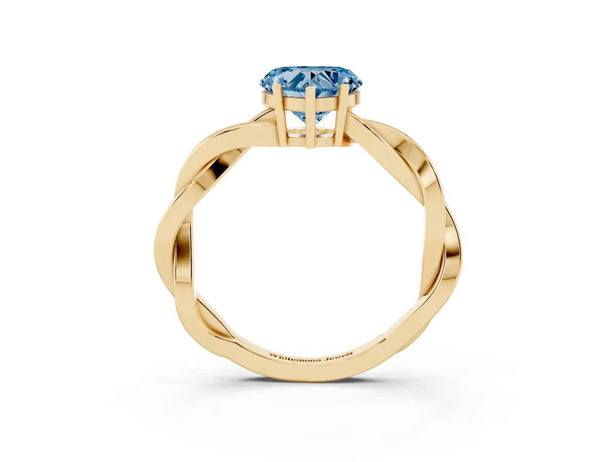 Fancy Blue Heart Cut Solitaire Twisted Pave Diamond Ring with Four-Prong Setting Yellow gold
