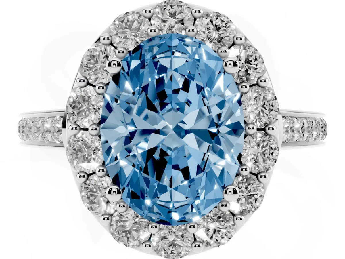 Fancy Blue Oval Cut Diamond Floral Halo Ring with Pavé Band and Prong Setting Silver