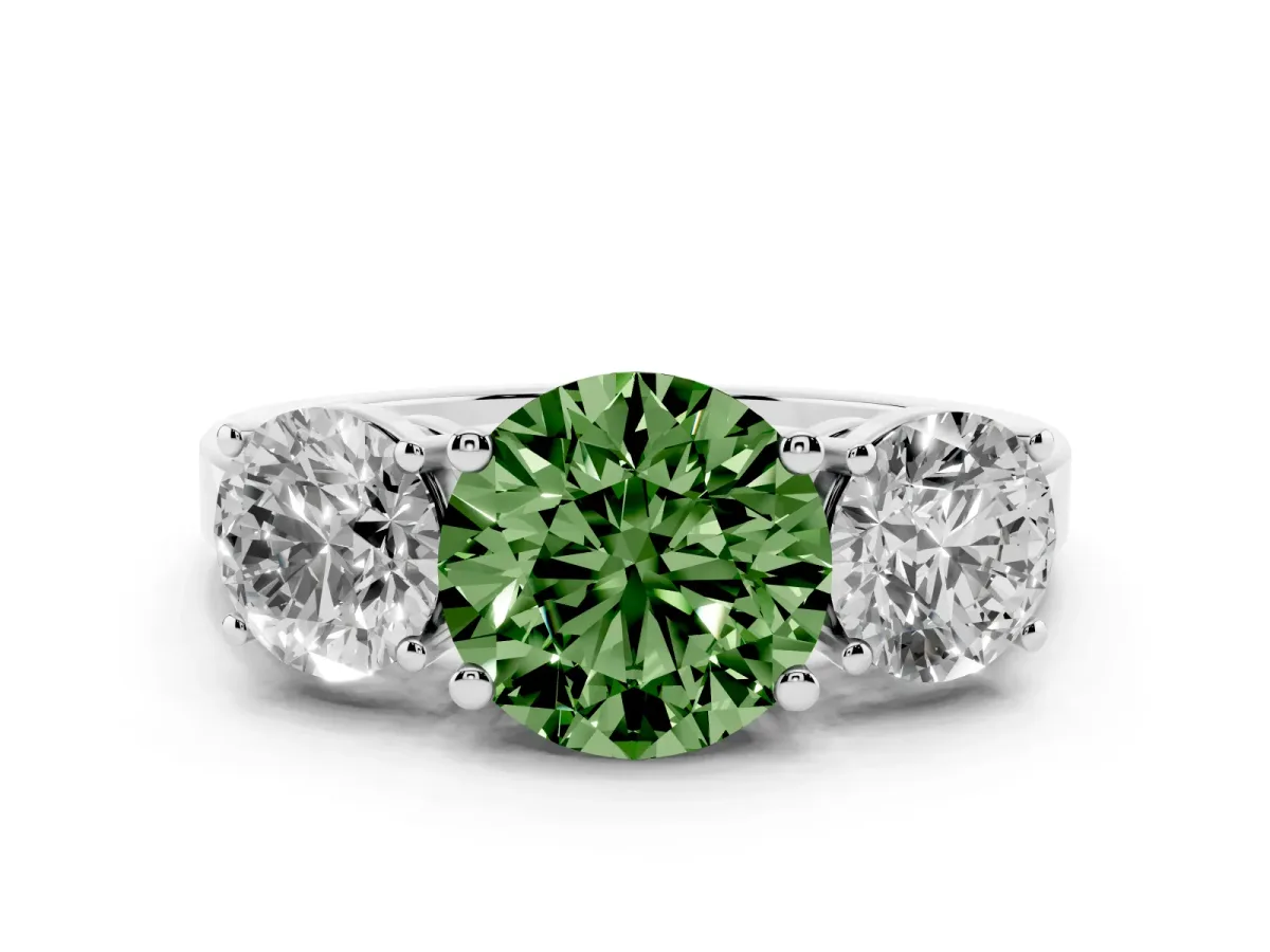 Fancy Green Three-Stone Round Cut Cut Diamond Engagement Ring with Flat Band and Four-Prong Setting Silver