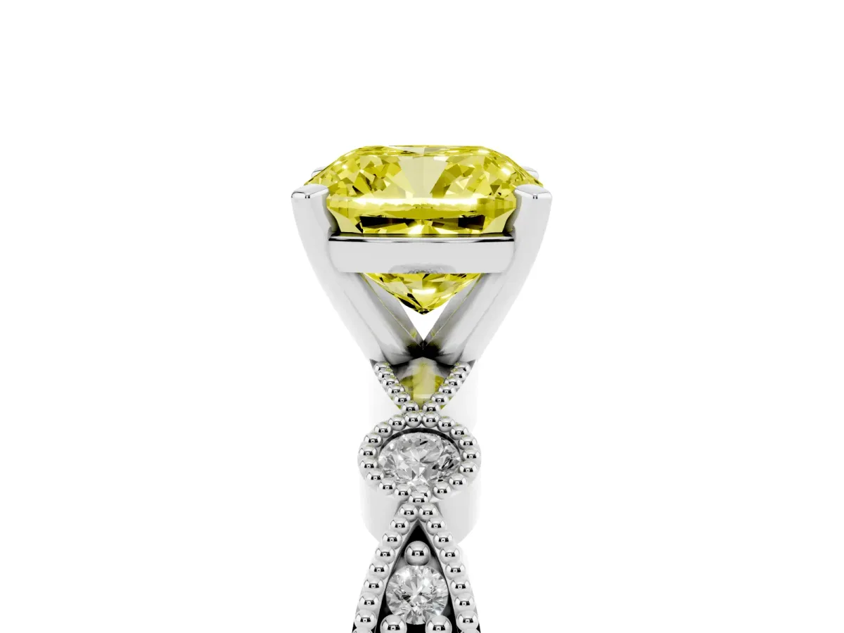 Fancy Yellow Cushion Cut Milgrain Bezel Diamond Engagement Ring with Solitaire Prong Setting Silver