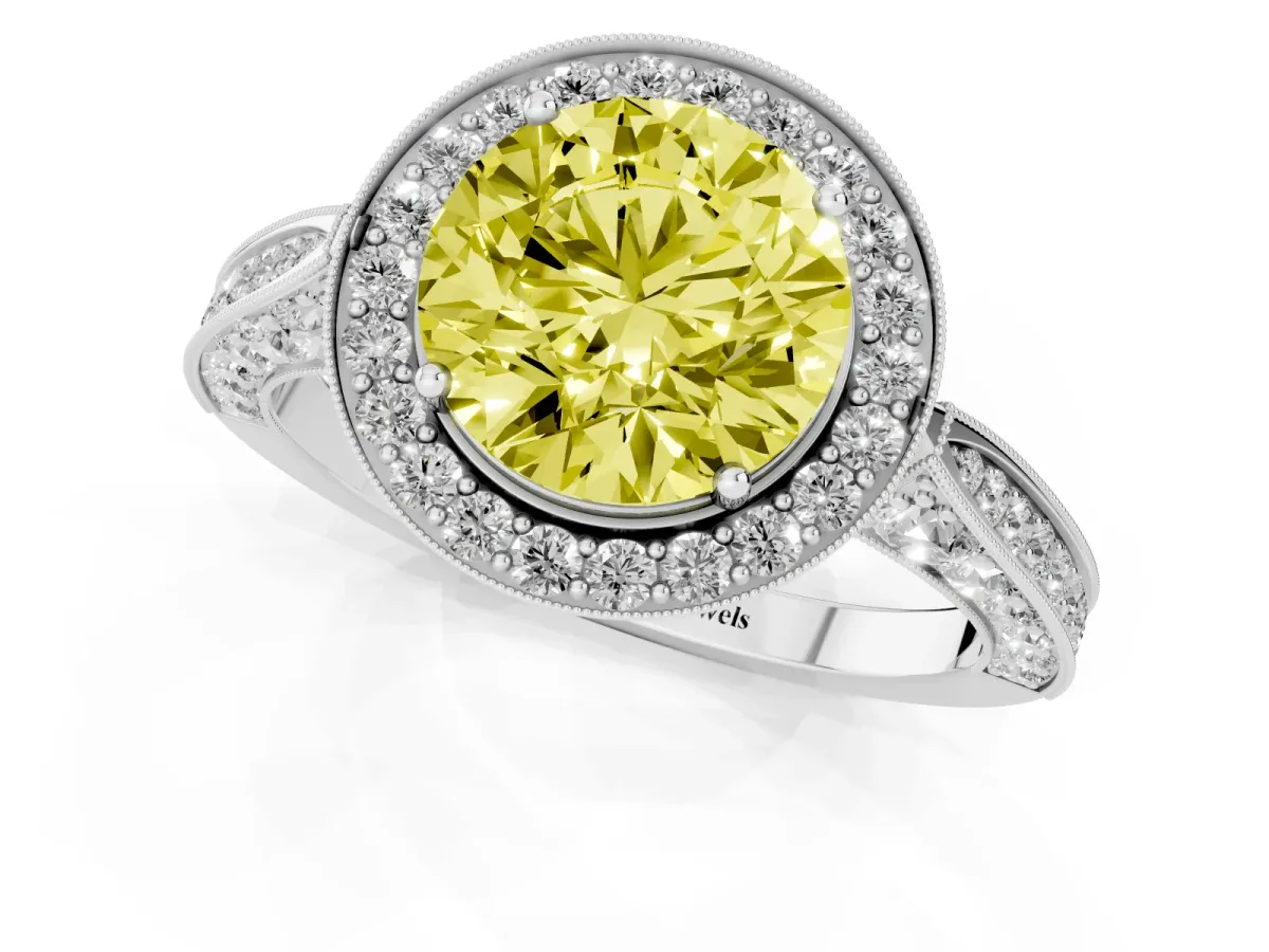 Fancy Yellow Round Cut Halo Diamond Engagement Ring with Split Shank Band and Four-Prong Setting Platinum
