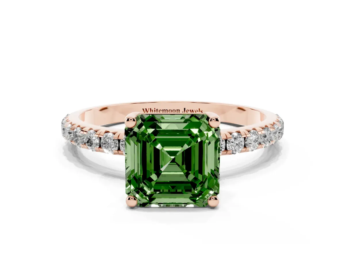Fancy Green Asscher Cut Cut Diamond Solitaire Ring with Micro Pave Band and Four Prong Setting Rose gold