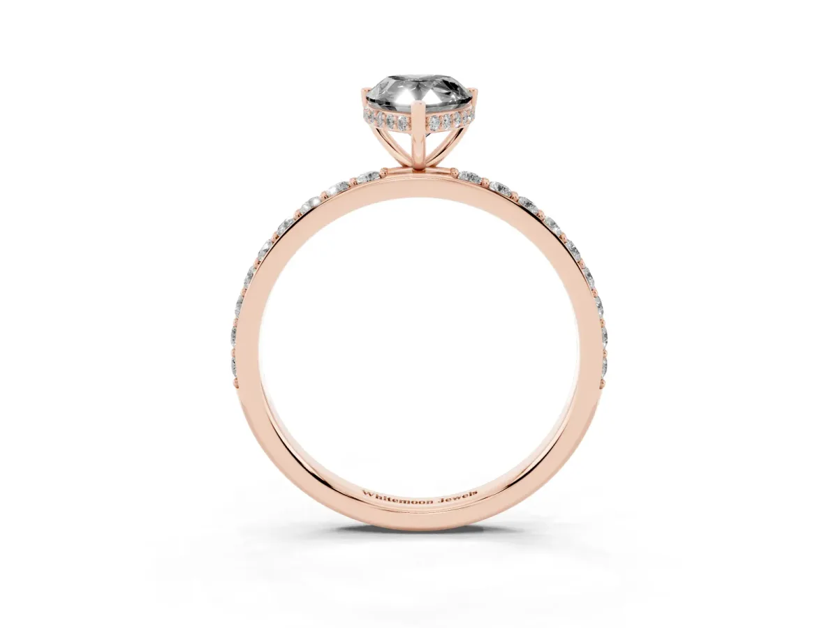 Fancy Black Pear Cut Diamond Solitaire Ring with Pavé Band and Hidden Halo Rose gold